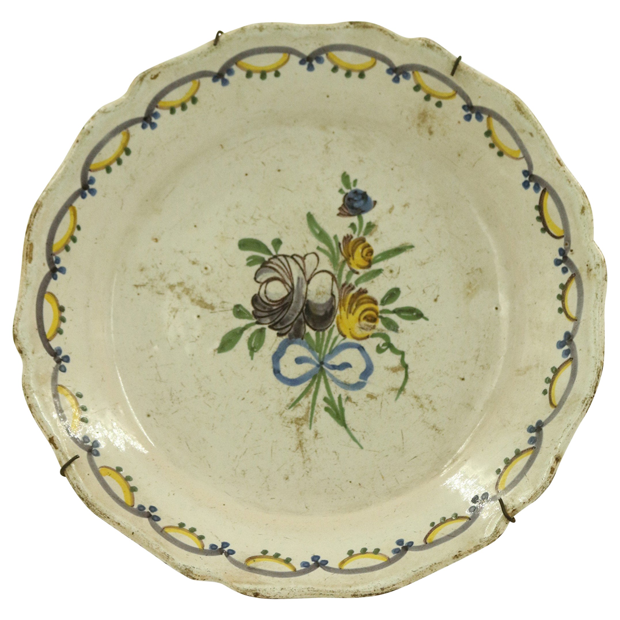 French Provincial Faience Floral Plate with Scalloped Edge For Sale