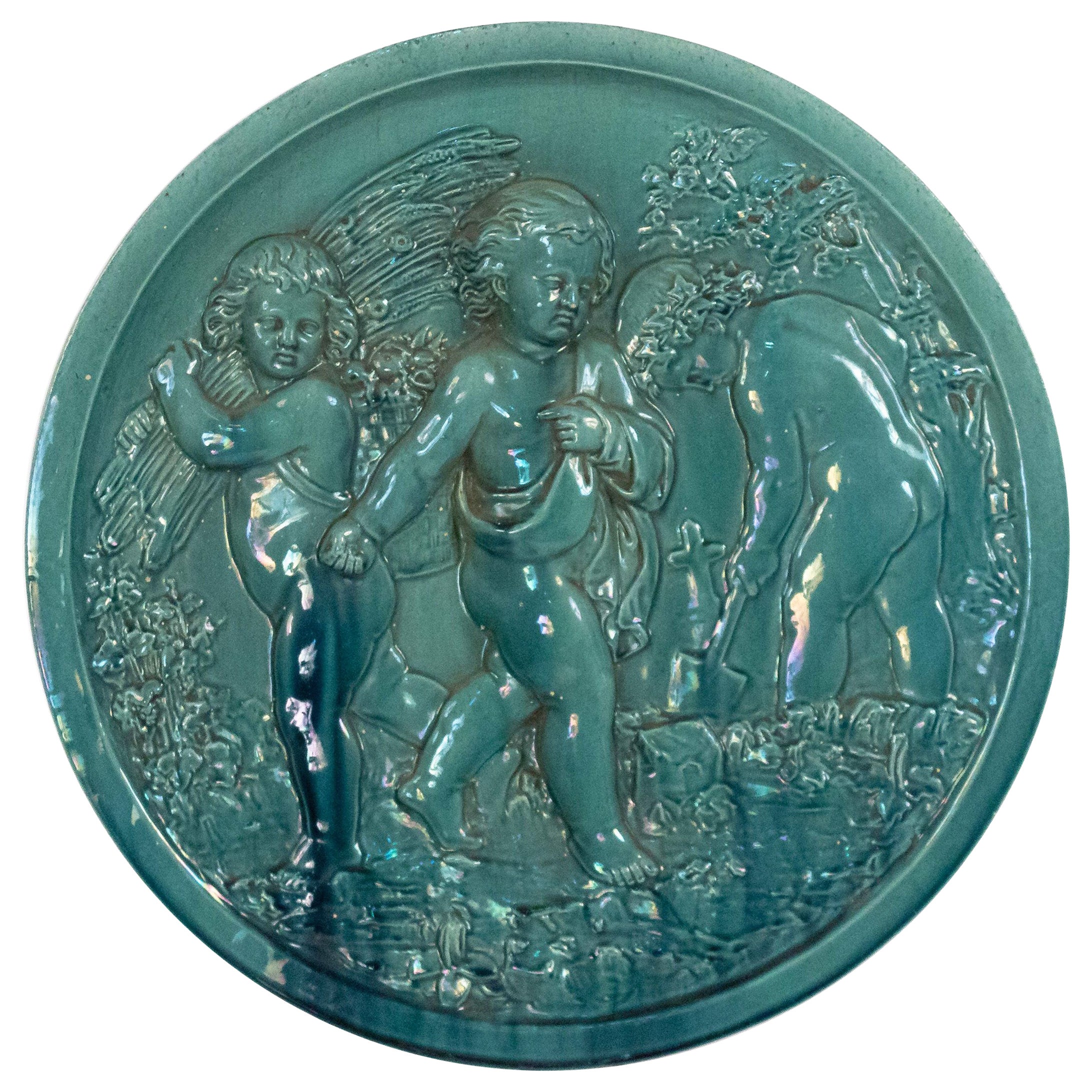 French Victorian Green Porcelain Cupid Wall Plaque For Sale