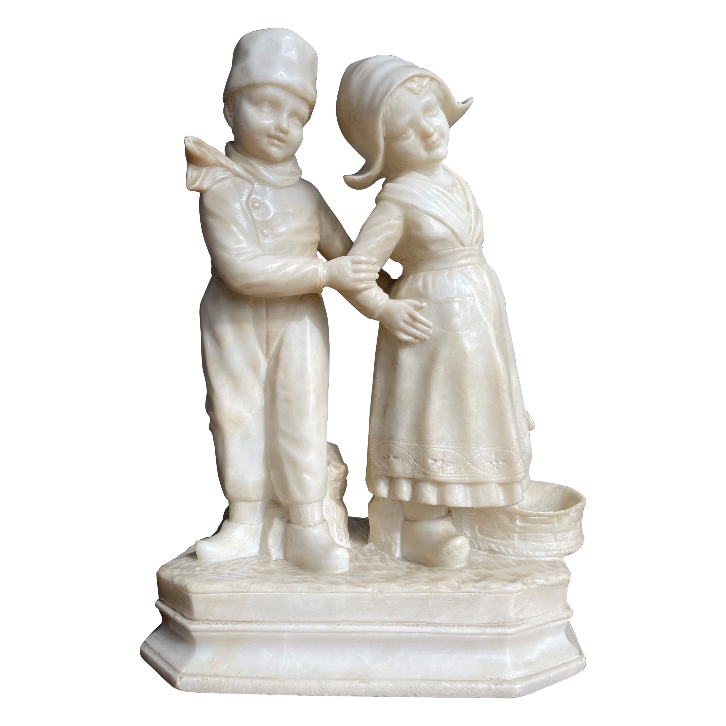 Large Hand Carved Antique Romantic Farmer Boy & Girl, Alabaster Statue Sculpture