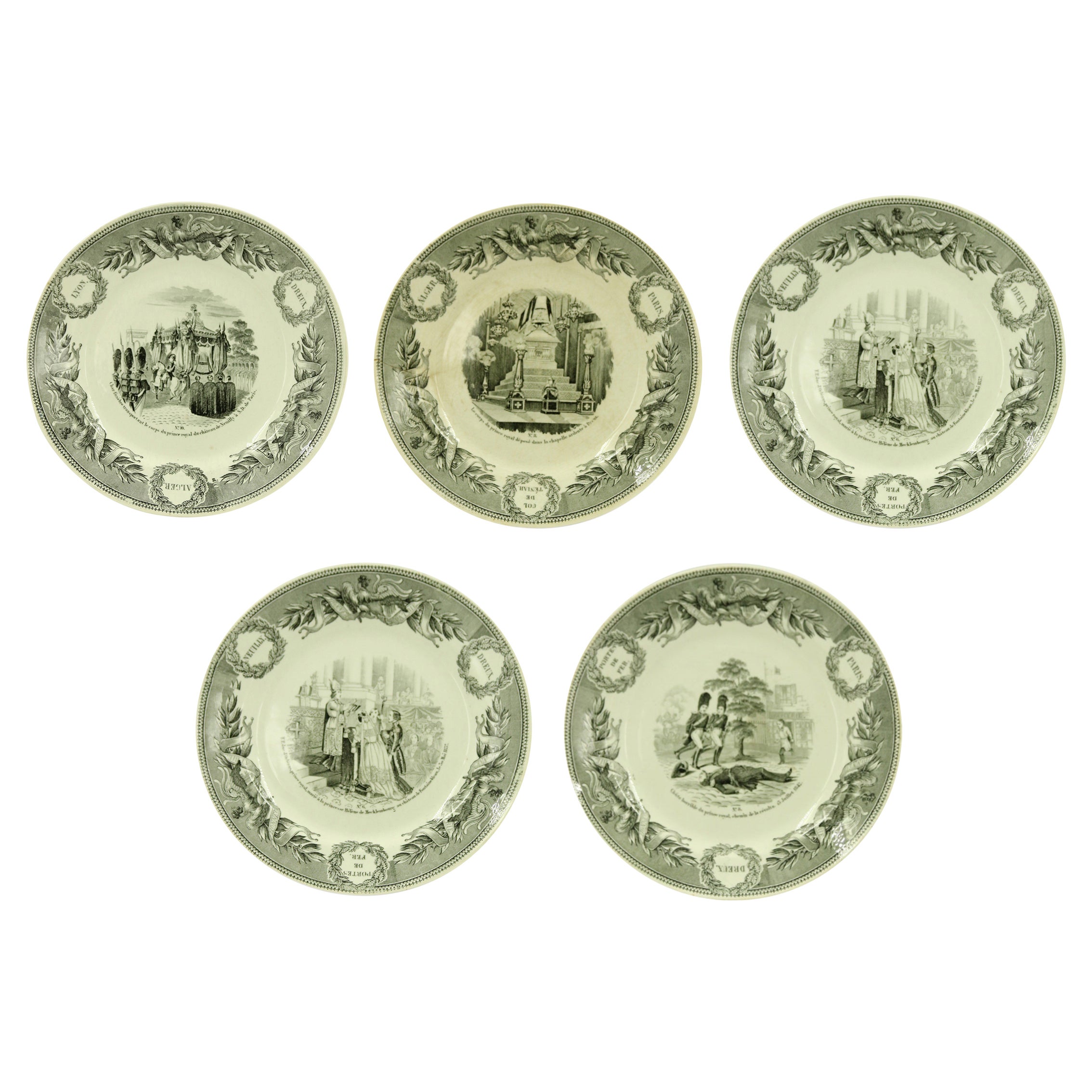 Set of 5 French Victorian Transferware Plates of Historical Landmarks For Sale
