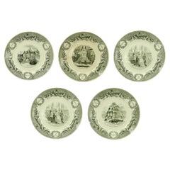 Antique Set of 5 French Victorian Transferware Plates of Historical Landmarks