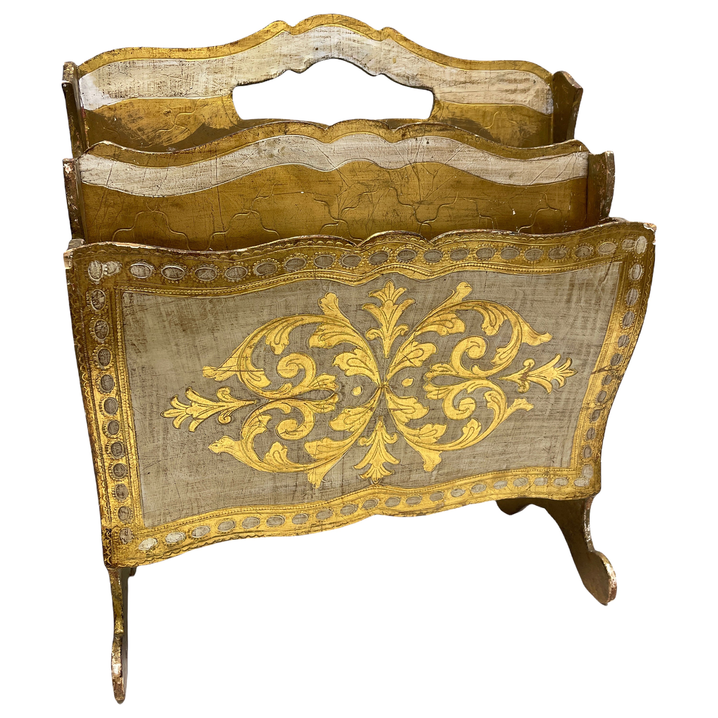 Gilded Wood Magazine Rack Florentine Hollywood Regency Style Tole Toleware 1950s For Sale