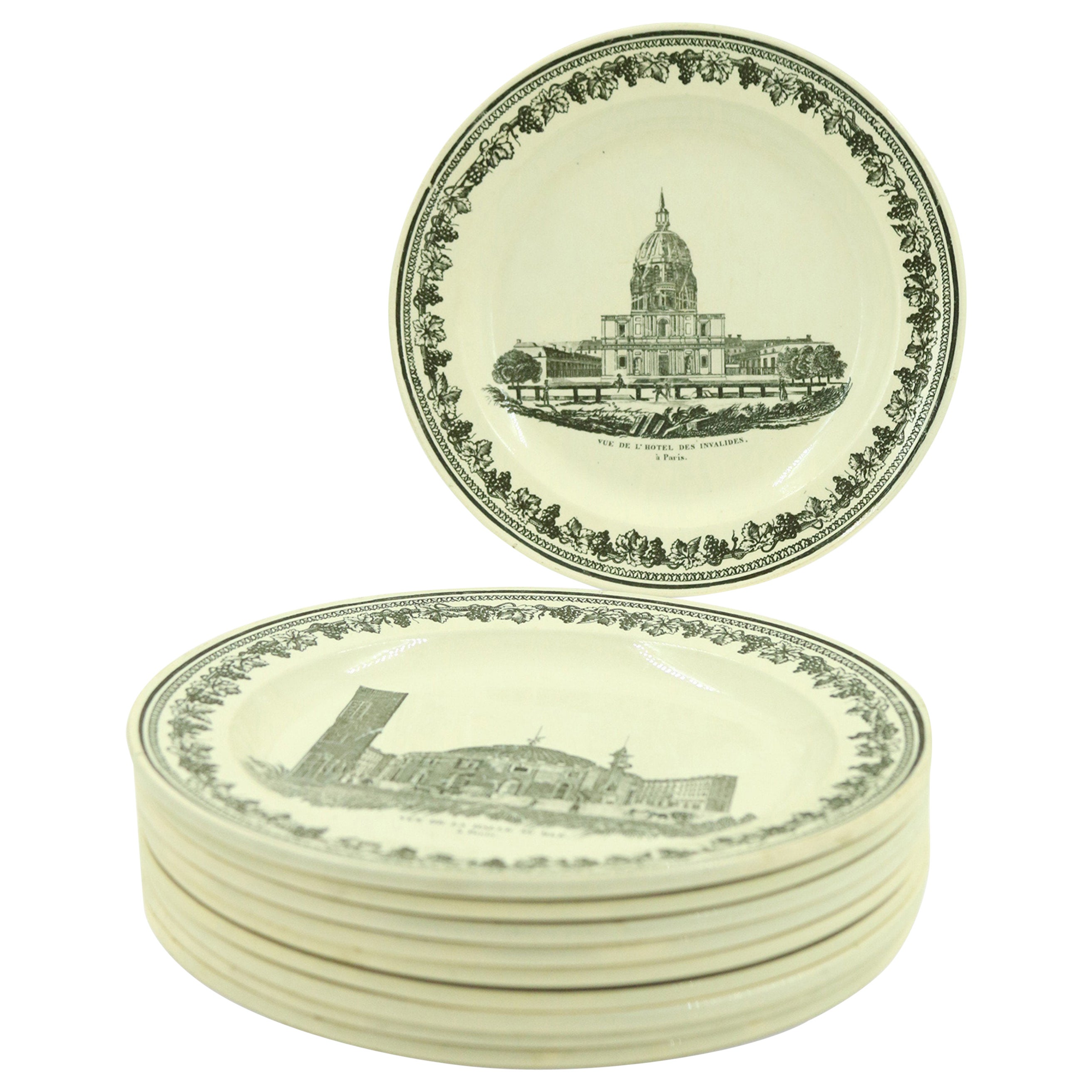 Set of 10 French Black and White Creamware Plates of French Landmarks
