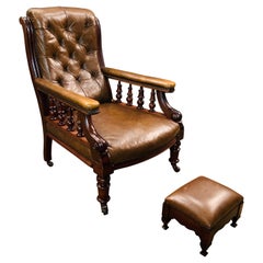 Chesterfield Tufted Dutch Brown Leather Library Club Armchair with Ottoman