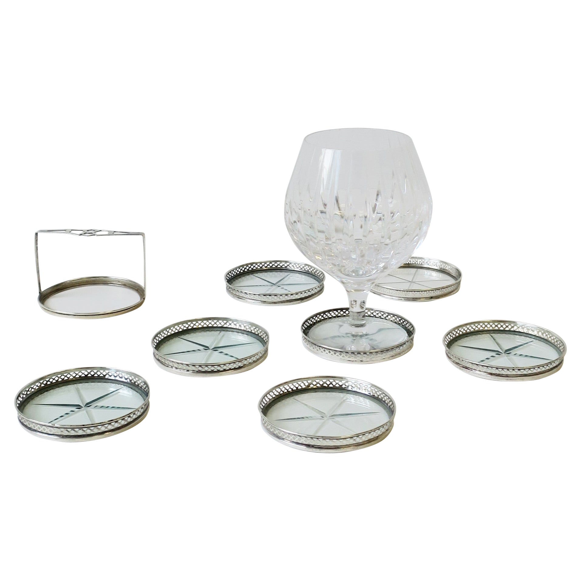 American Sterling Silver and Crystal Champagne or Cocktail Drink Coasters, Set of 7