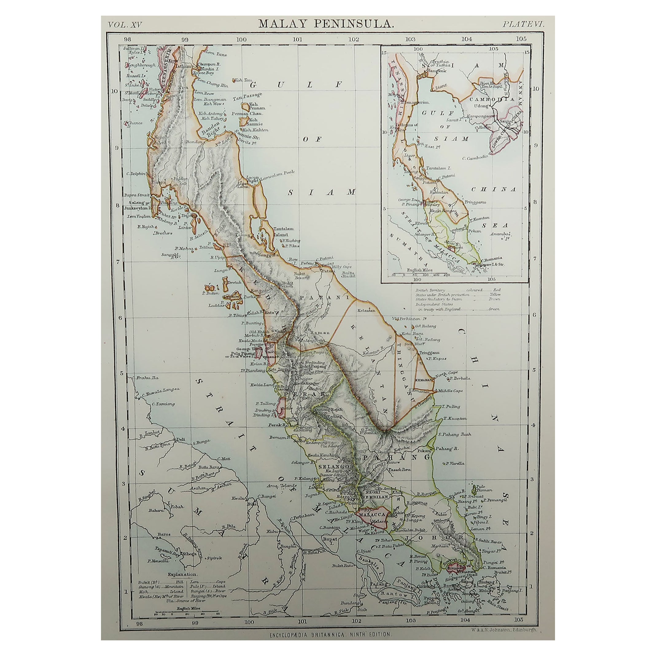 Original Antique Map of Malay Peninsula / Singapore, 1889
