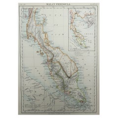 Original Antique Map of Malay Peninsula / Singapore, 1889