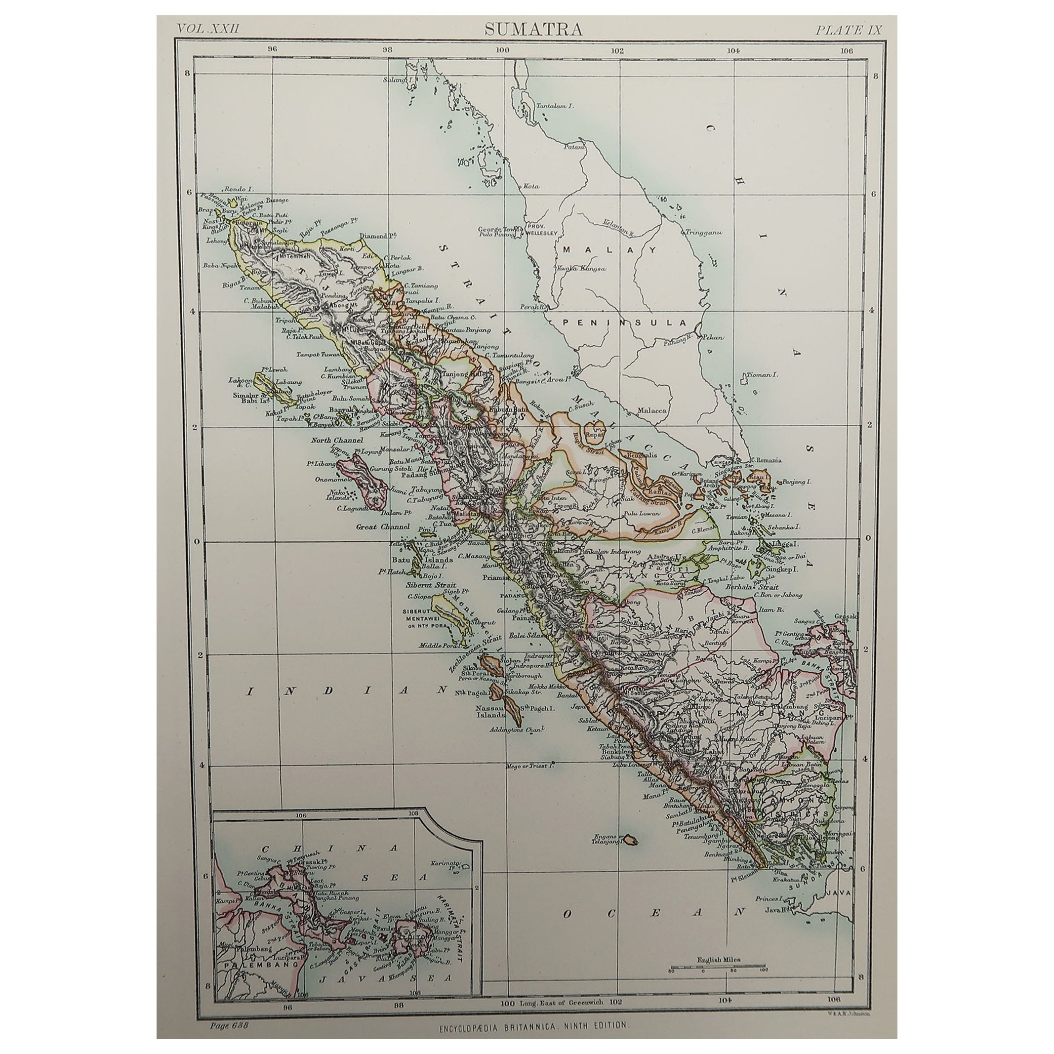 Original Antique Map of Sumatra, 1889