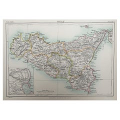Original Antique Map of Sicily, Italy, 1889
