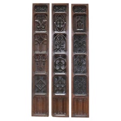 Antique Three Reclaimed English Oak Carved Wall Panels