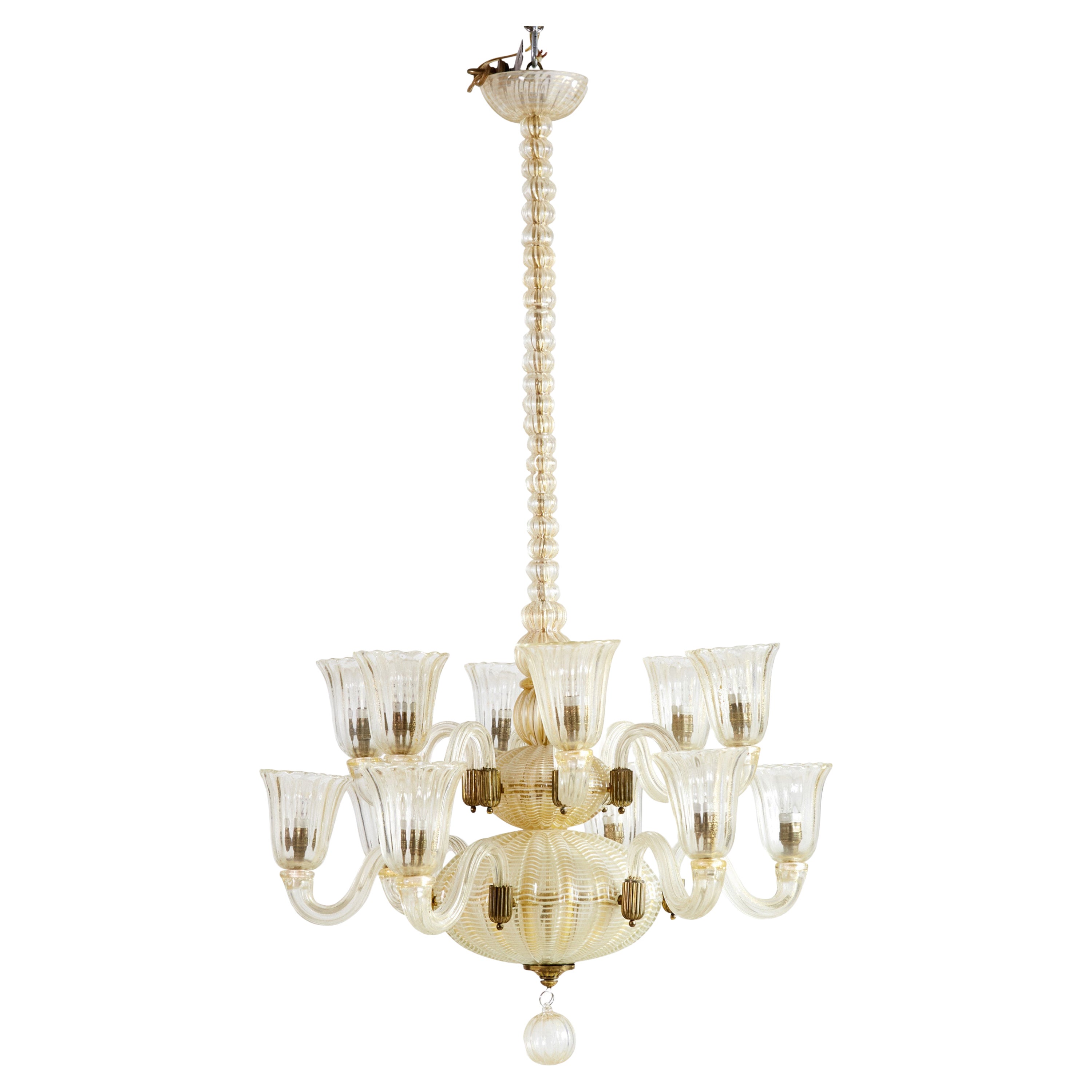 Barovier Italian Art Deco Gold Infused Glass 12-Arm Chandelier