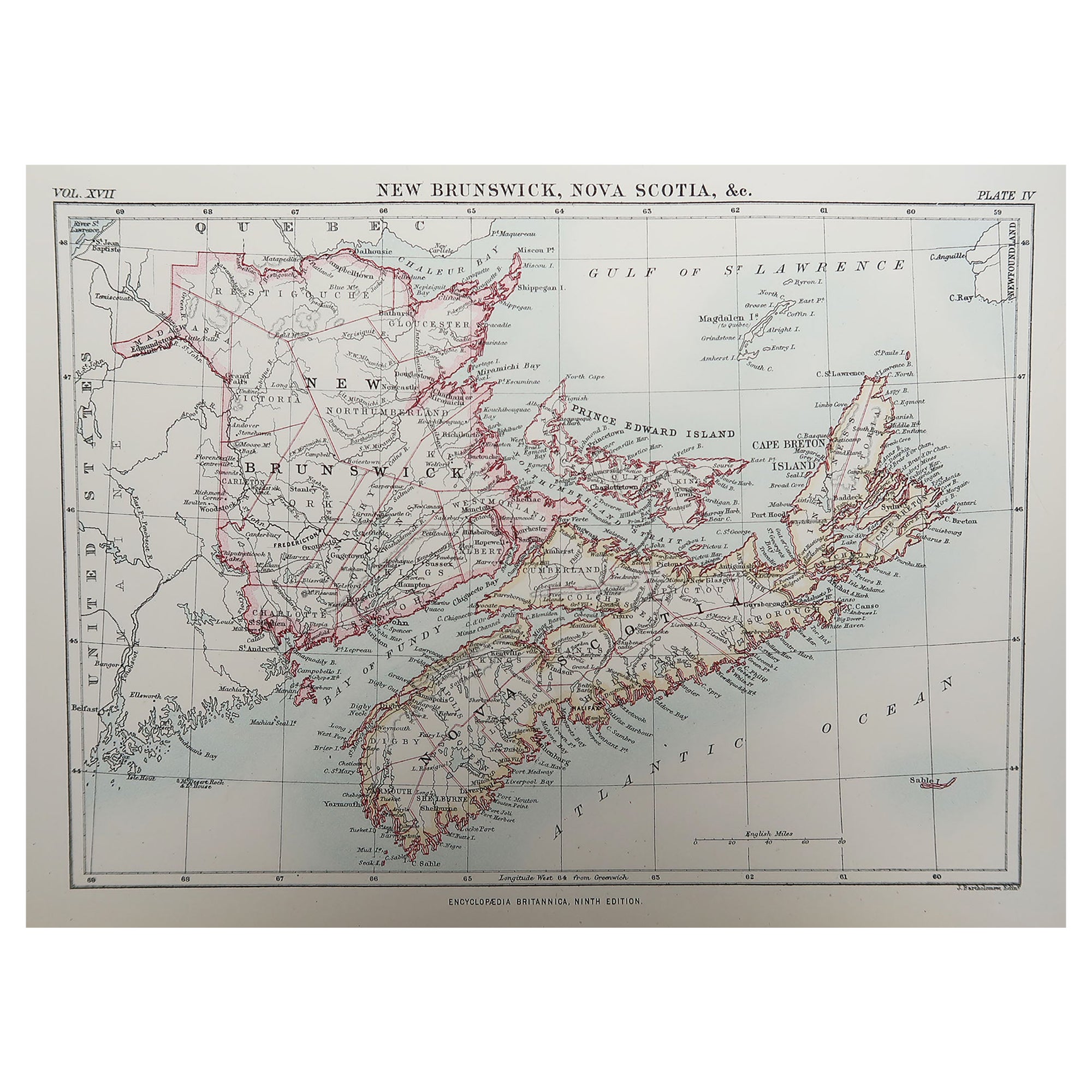 Original Antique Map of New Brunswick and Nova Scotia, 1889