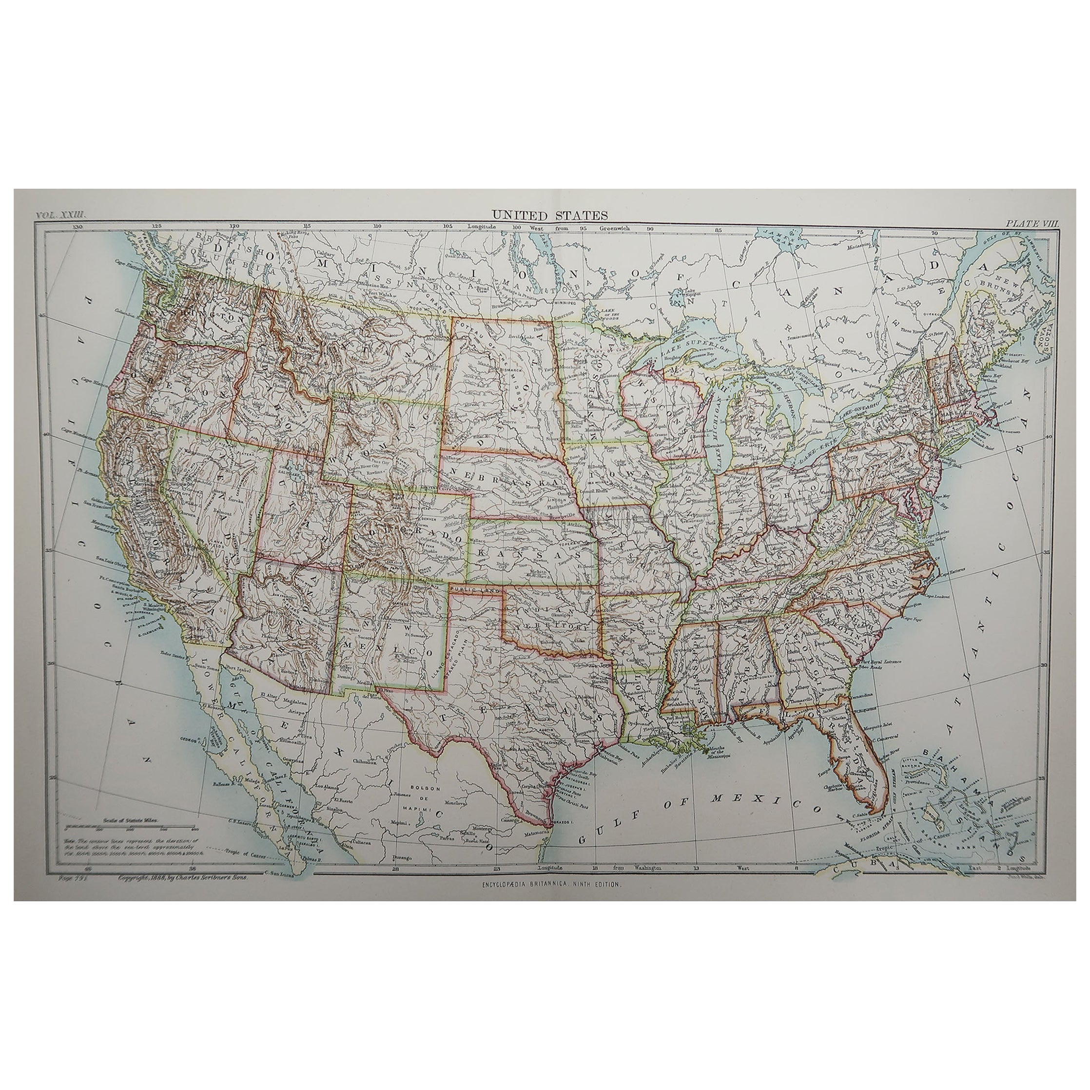Original Antique Map of The United States of America, 1889