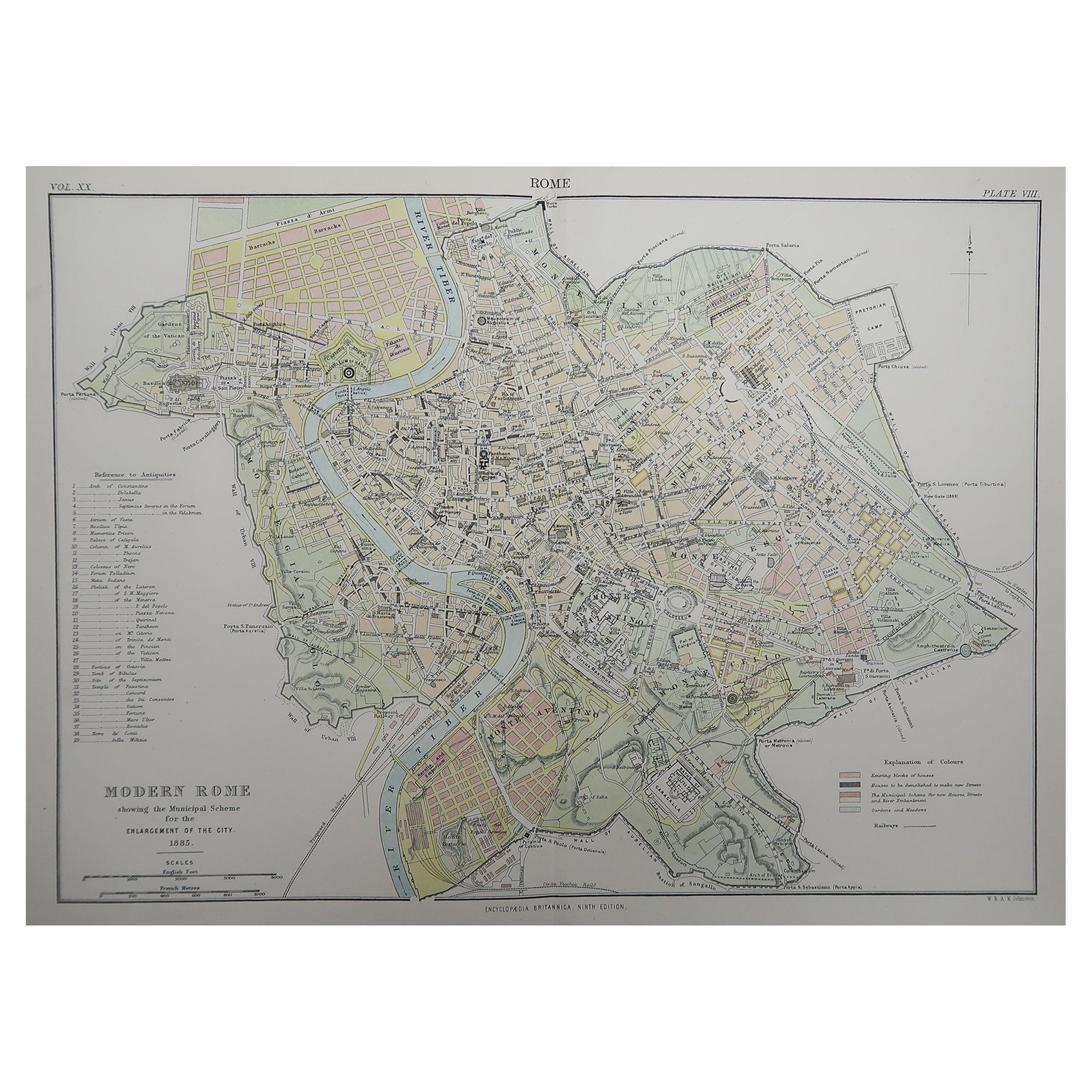 Original Antique City Plan of Rome, Italy, 1889