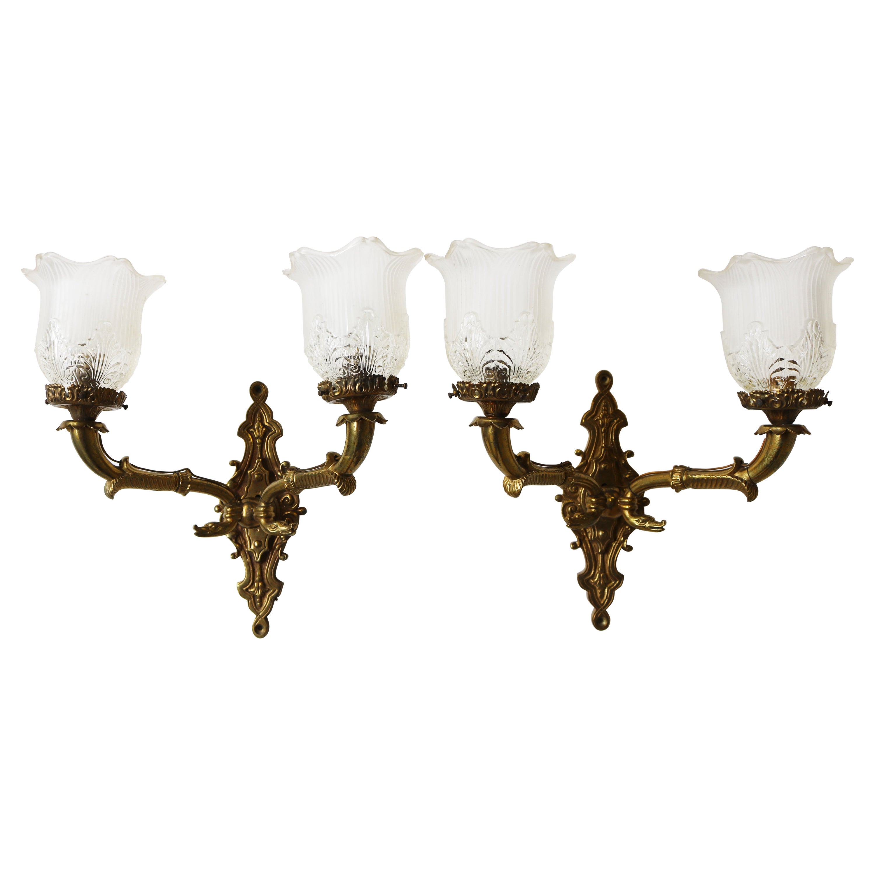 Pair of Brass Empire 19th Century Wall Lights with Serpent Heads Sconces Glass For Sale