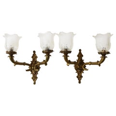 Pair of Brass Empire 19th Century Wall Lights with Serpent Heads Sconces Glass