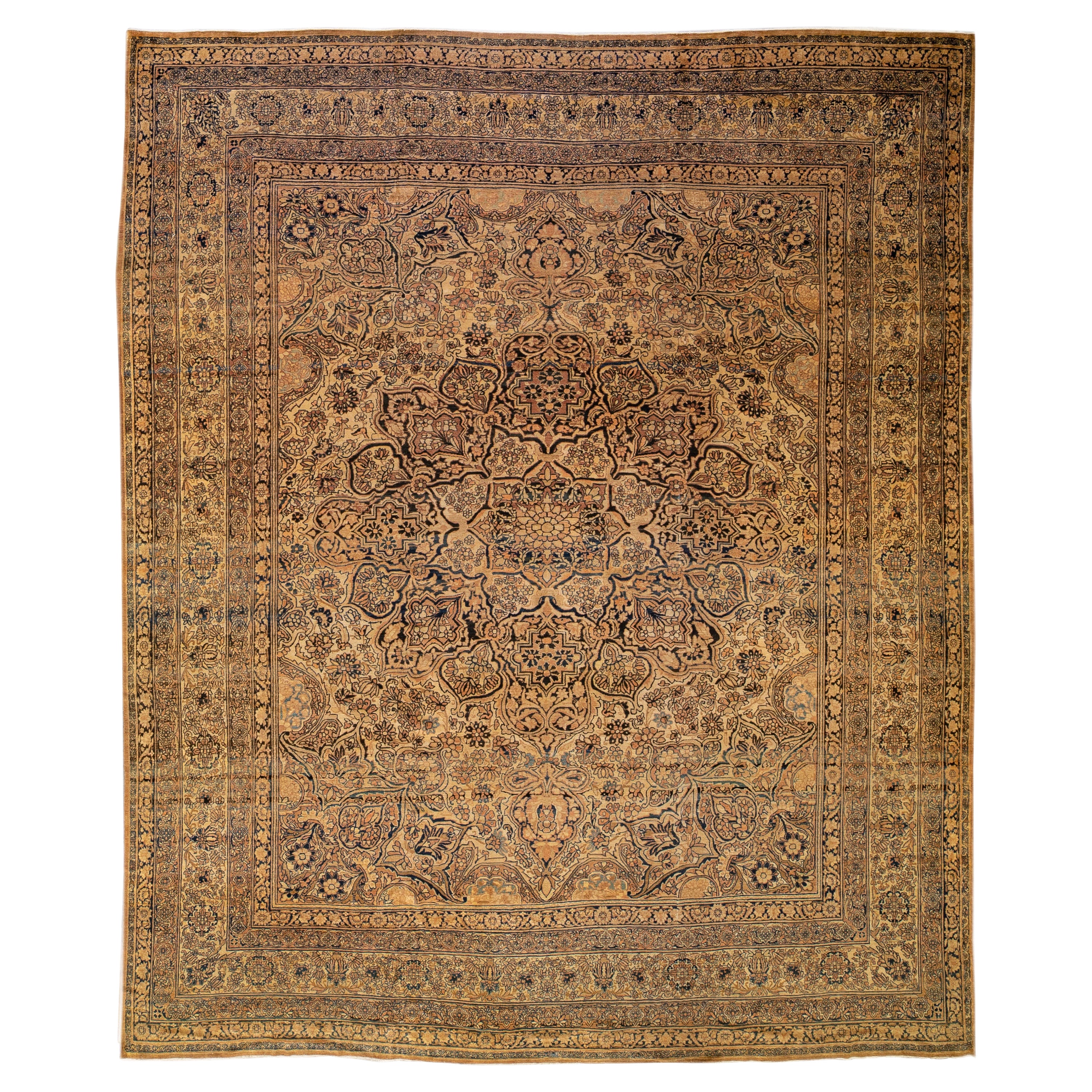 Ancien tapis persan Kerman fait à la main, médaillon Goldenrod surdimensionné