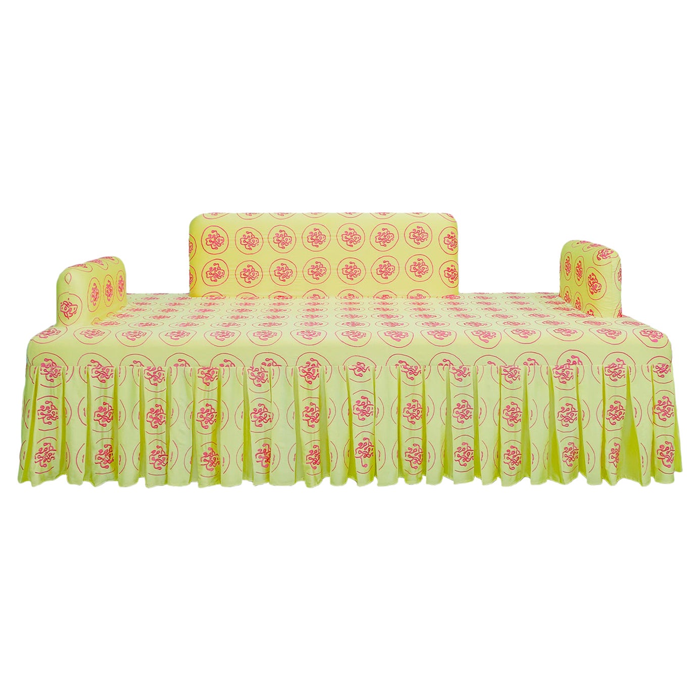"Vitamin D" Hand-Embroidered Yellow and Magenta Silk Sofa For Sale