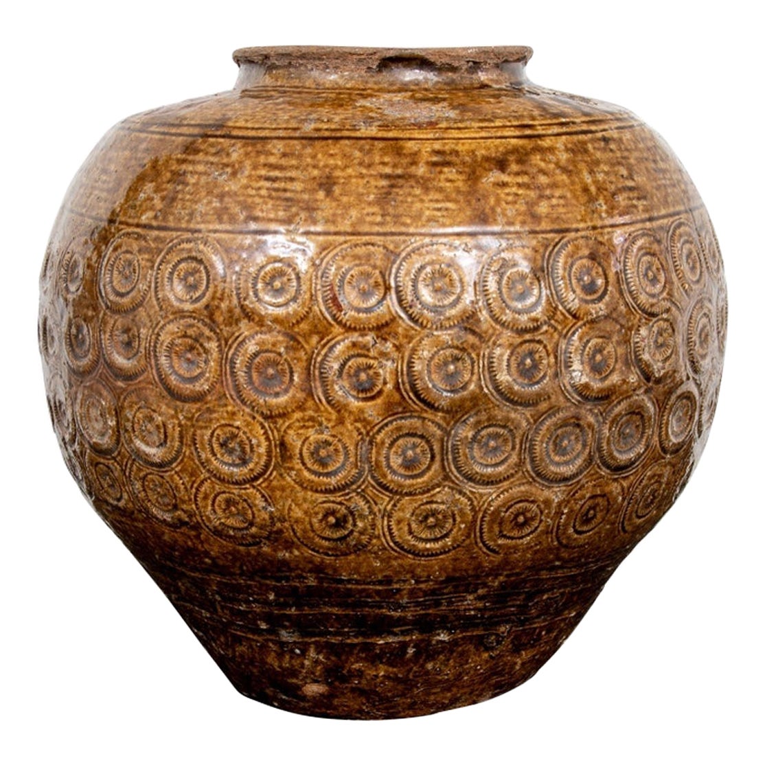 Rustic Asian Textured Glazed Ceramic Storage Jar