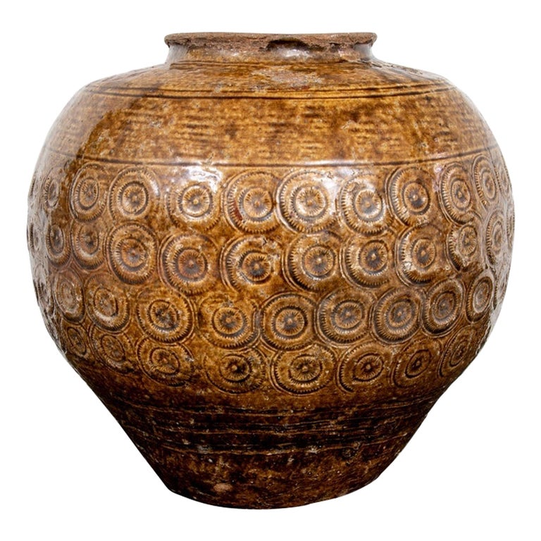 Rustic Asian Textured Glazed Ceramic Storage Jar For Sale