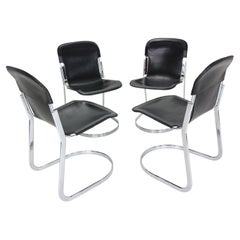 Willy Rizzo Set of Black Leather Dining Chairs "C2" For Cidue, 1970s, Italy