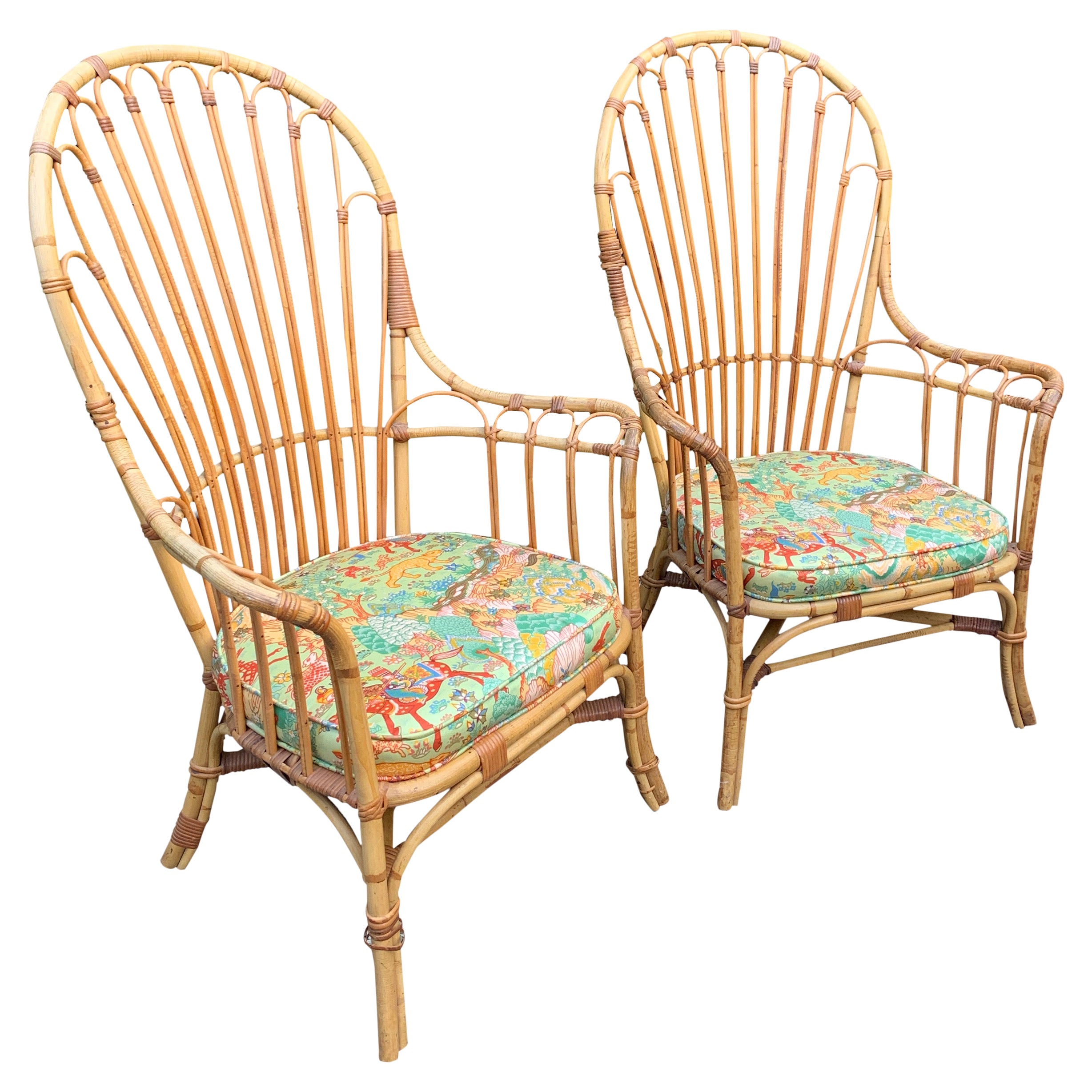 Pair of French Pencil Reed and Bamboo Rattan Wing Chairs