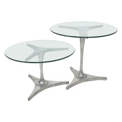 1960s Side Nesting Round Glass Tables in Aluminum Mod Star Trek Triangular Base