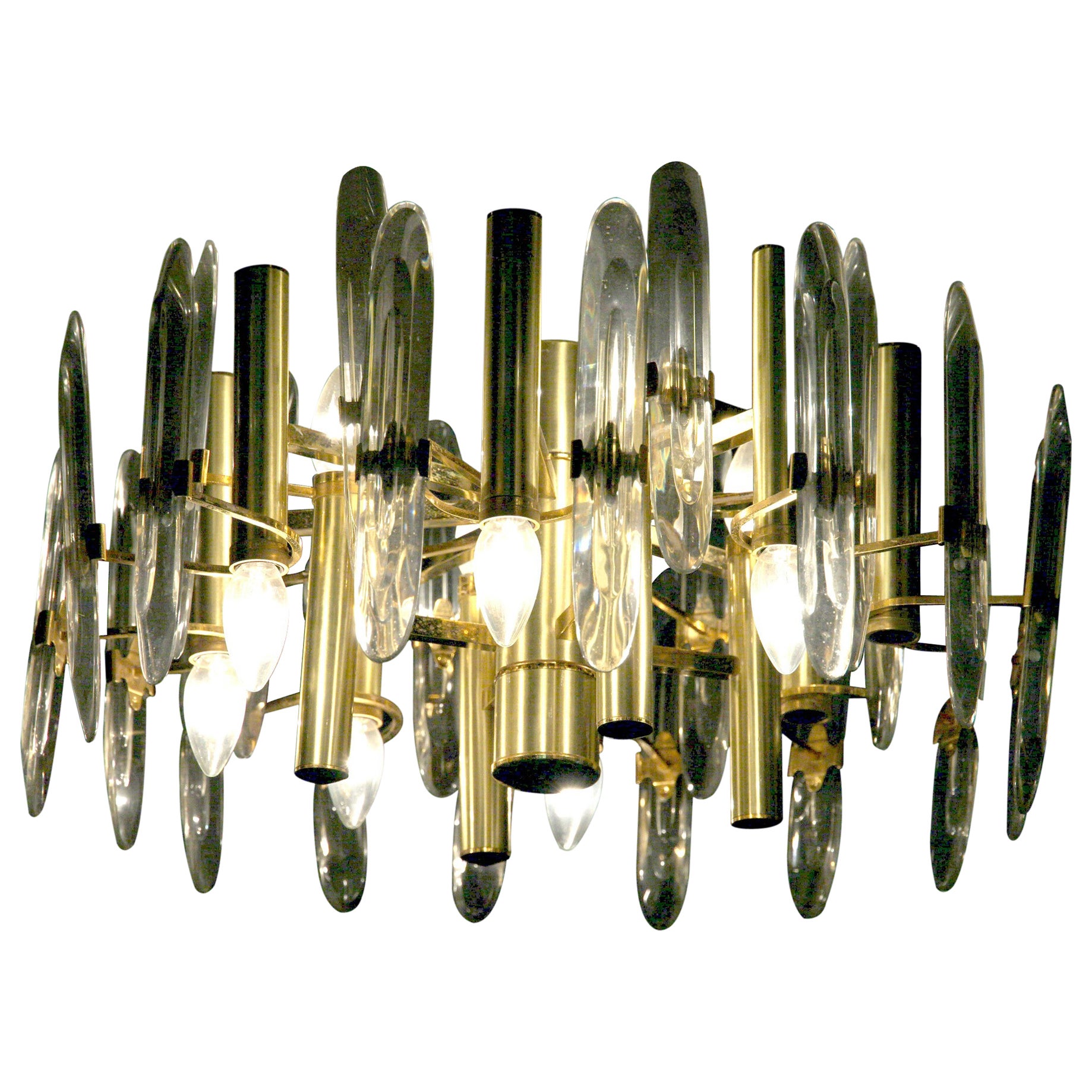 Sciolari-Kronleuchter aus Gold und Messing mit LED-Kristall, Mid-Century, 12 Lichter, Stilkronen, 70er Jahre