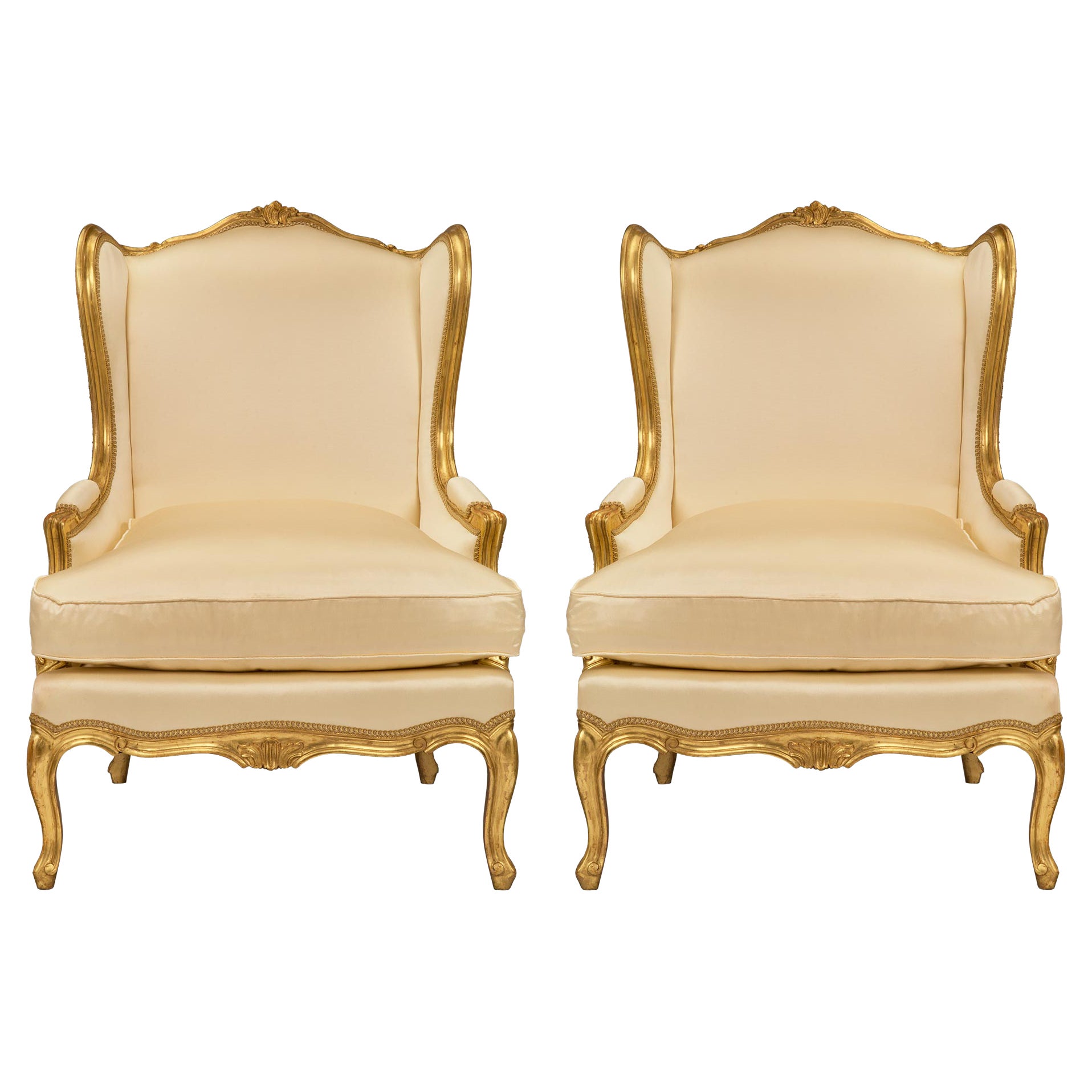 Pair of French 19th Century Louis XV Style Giltwood Armchairs For Sale