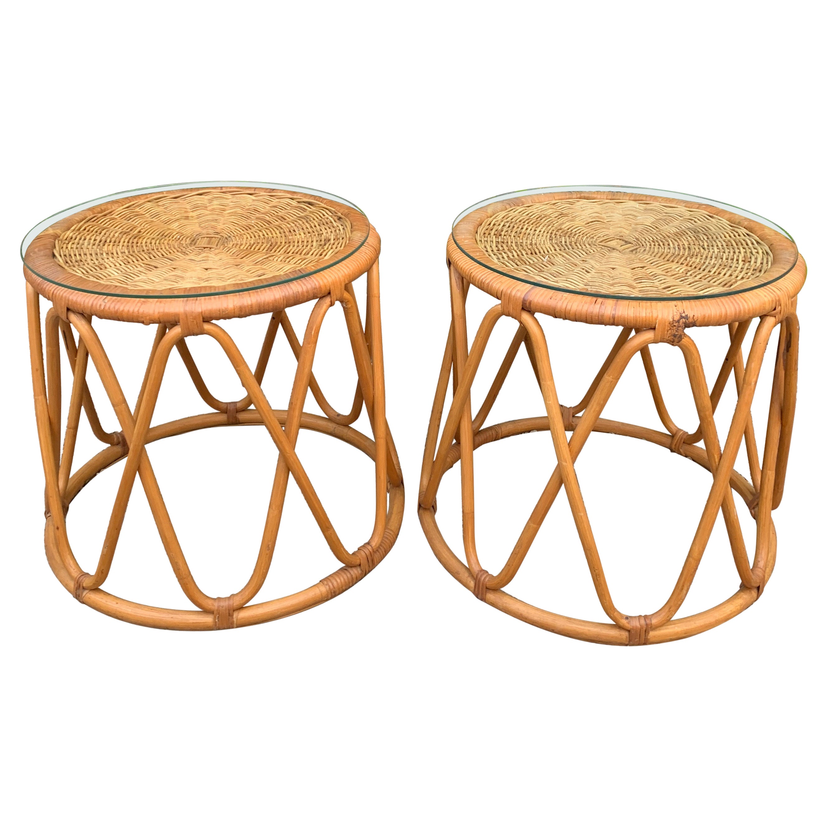 Pair of Rattan Tables with Woven Top and Glass