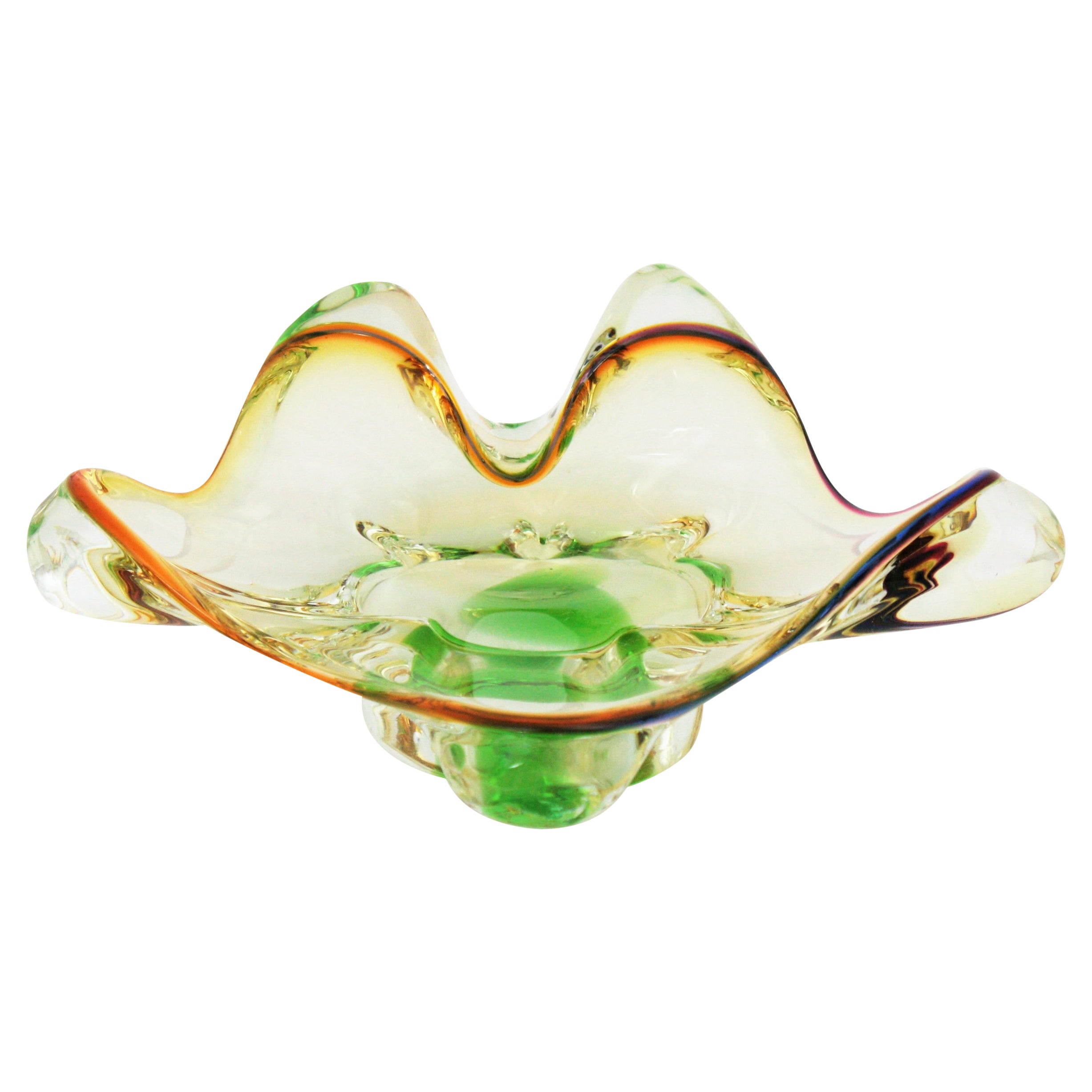 Italian Seguso Murano Sommerso Amber Clear Green Organic Art Glass Bowl For Sale