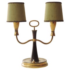 Italian 1950s Two Light Table Lamp in Wood and Brass 