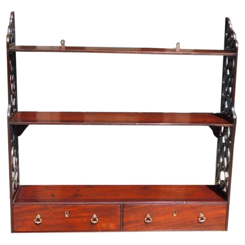 English Chippendale Mahogany Hanging Wall Shelf with Orig. Brasses, circa 1780 For Sale
