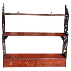 Antique English Chippendale Mahogany Hanging Wall Shelf with Orig. Brasses, circa 1780