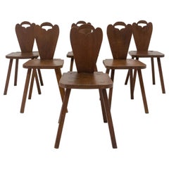 Six Dining Chairs Swiss Alp Escabelles Oak Brutalist Style, French 1950
