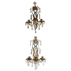 Antique Pair of Italian Foliage Rock Crystal and Gilt Three Arm Wall Sconces, C. 1820 