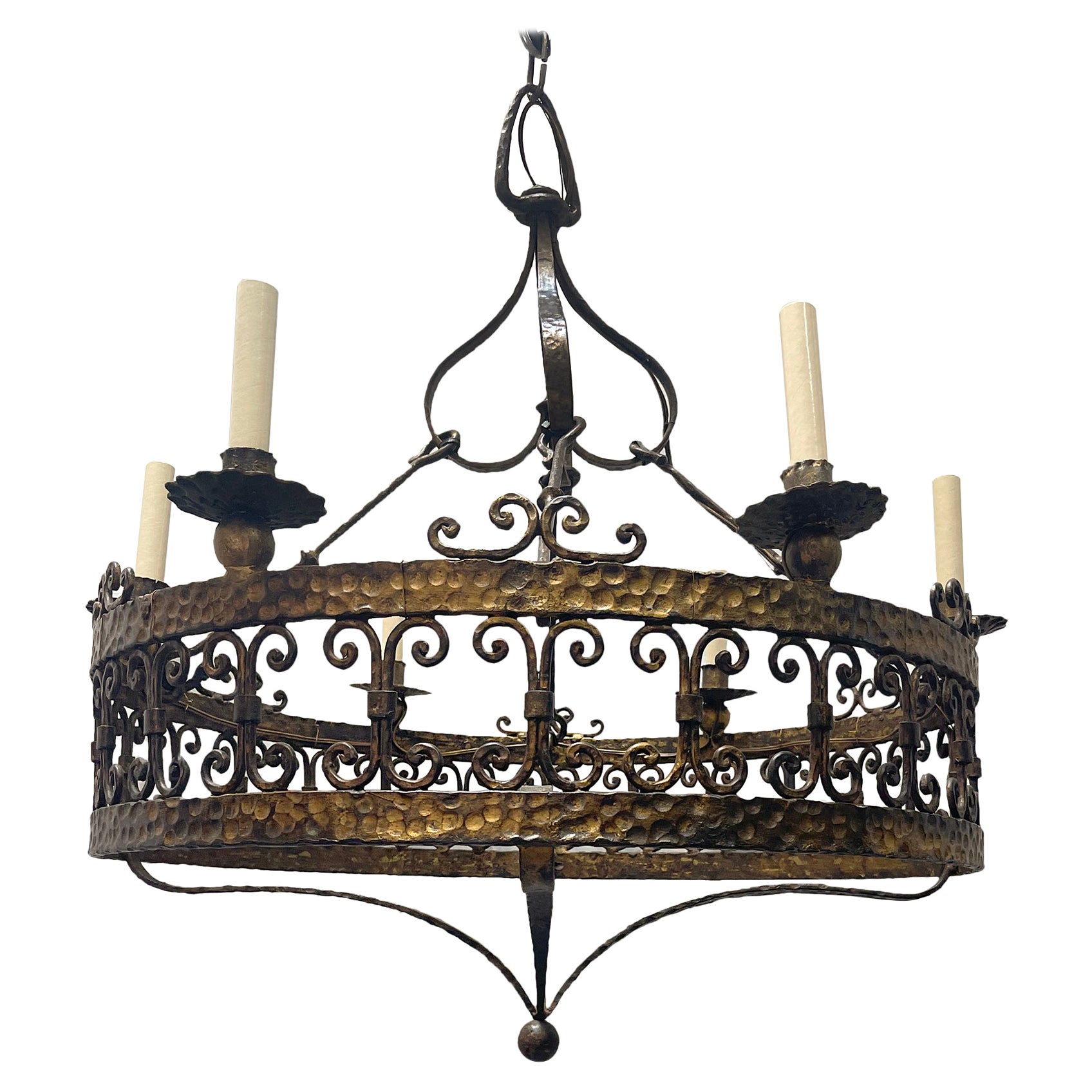 French Gilt Metal & Iron Chandelier For Sale