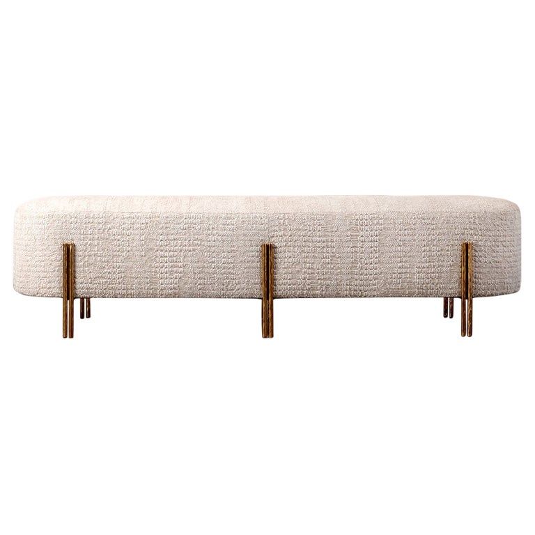 Kelly Wearstler Melange Bench with Cast Brass Legs and Ivory Chenille For Sale