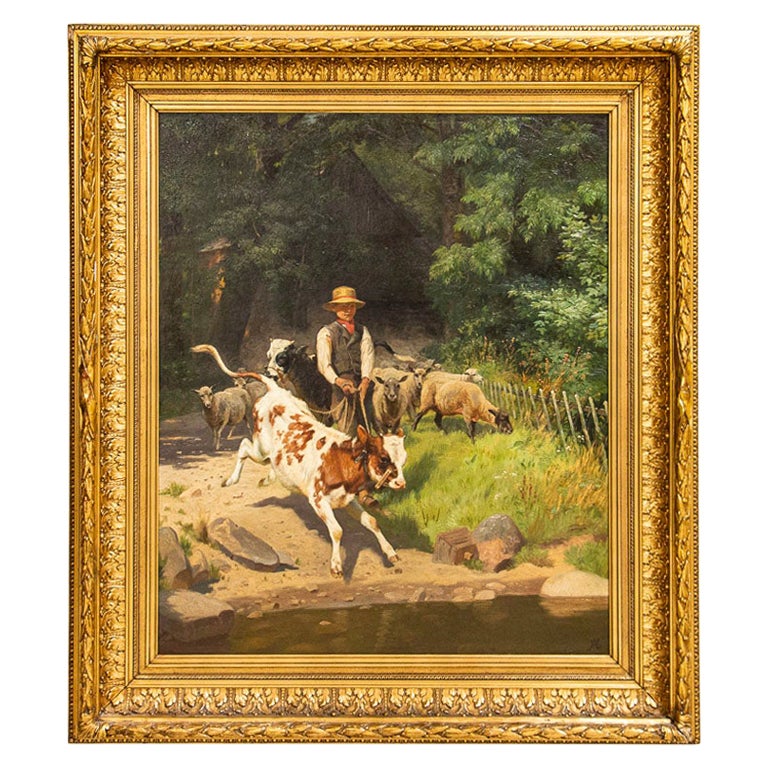 Grande peinture originale à l'huile sur toile d'un garçon avec un veau et des moutons par A. Mackepran
