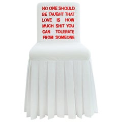 "No-One-Should" Hand-Embroidered White and Red Cotton and Silk Chair