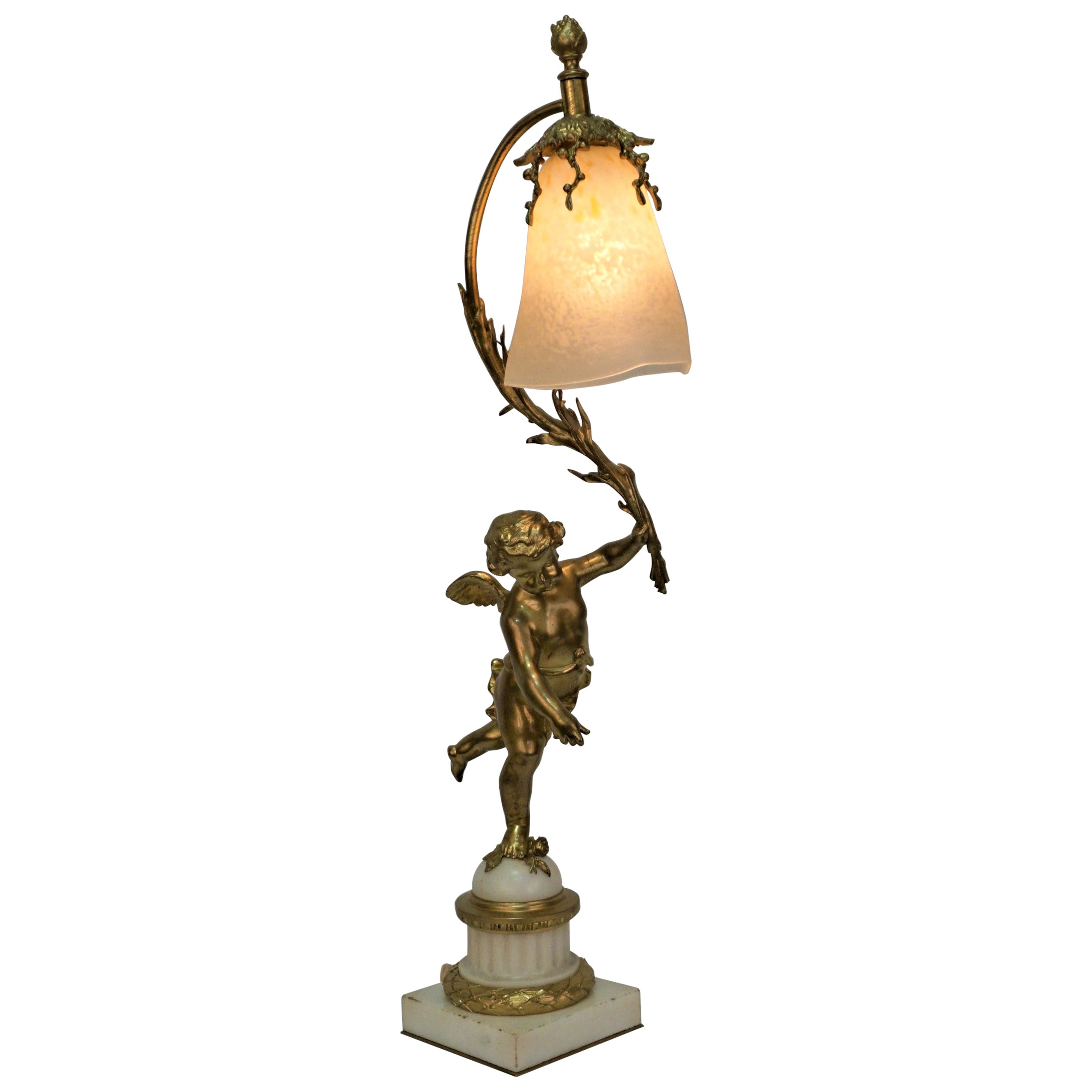 French Bronze Art Glass Table Lamp