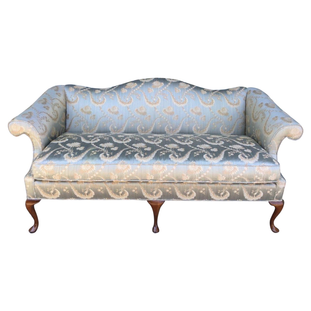Moviestar Glam Blue Silk Camelback Settee Loveseat with Rolled Arms