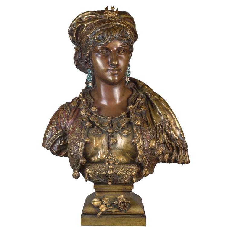  Polychrome-Patinated Bronze Bust by A. Gaudez For Sale