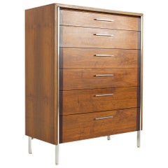 Paul McCobb Style Lane Mid Century Walnut and Chrome 6 Drawer Highboy Dresser