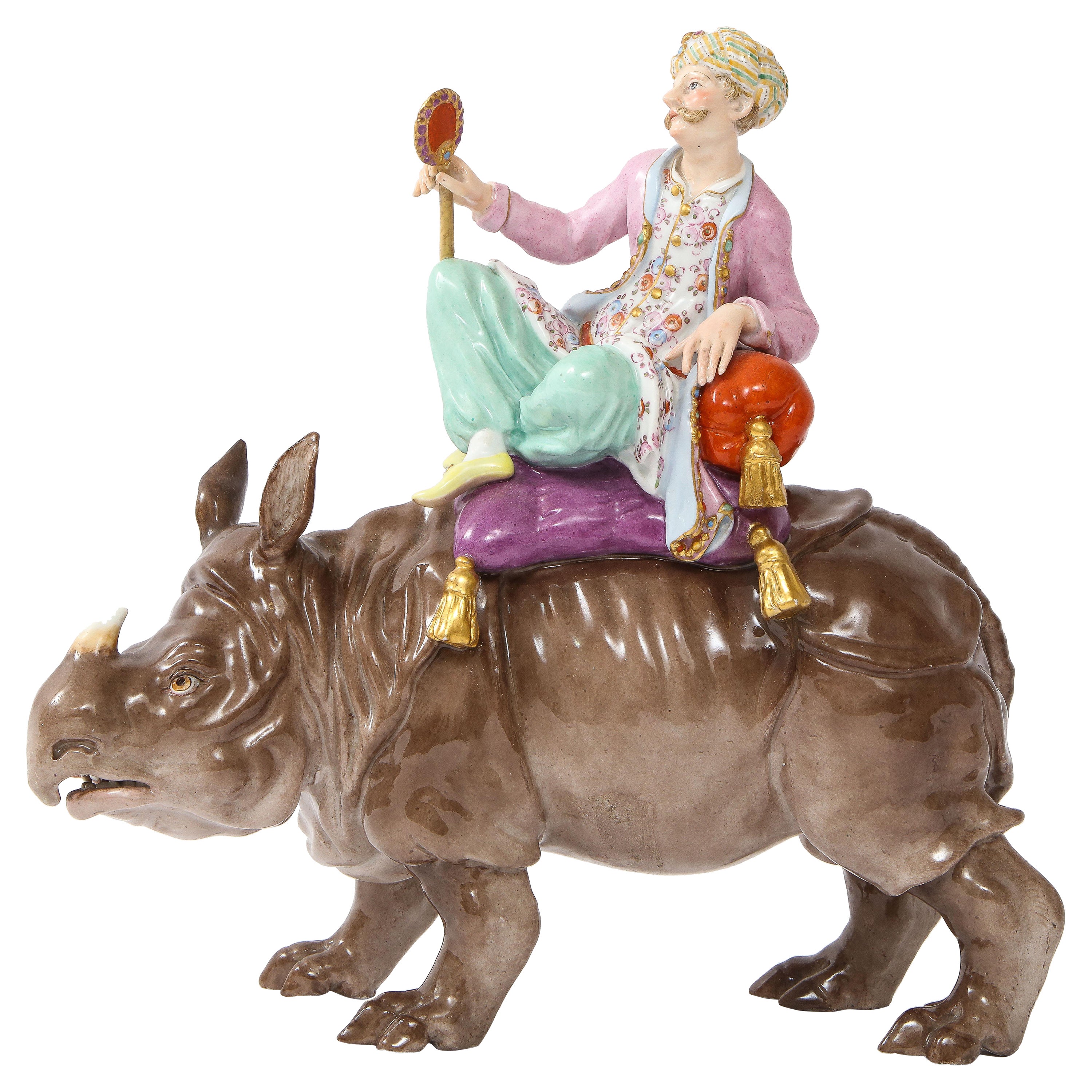 19th Century Meissen Porcelain Figure of a Malabar Man on a Rhinoceros