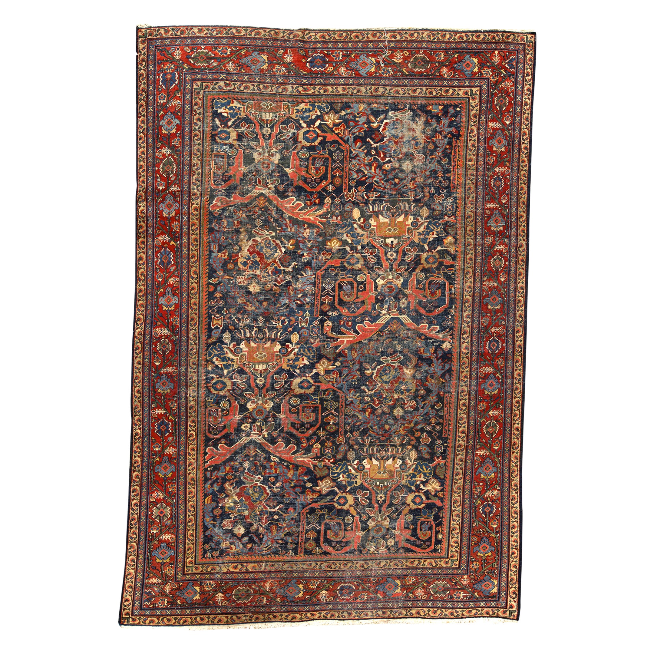   Antique Persian Fine Traditional Handwoven Luxury Wool Navy / Rose Rug For Sale