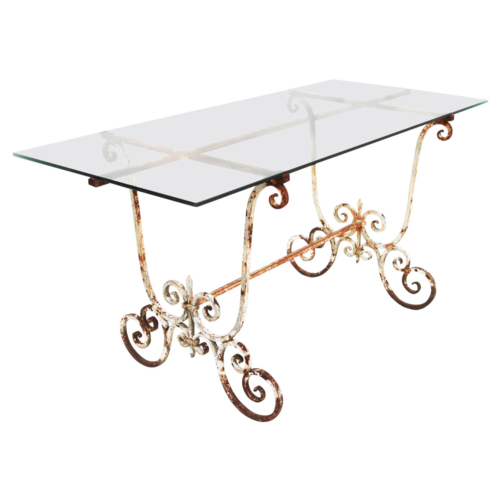 Reclaimed Glass and Wrought Iron Garden Table For Sale