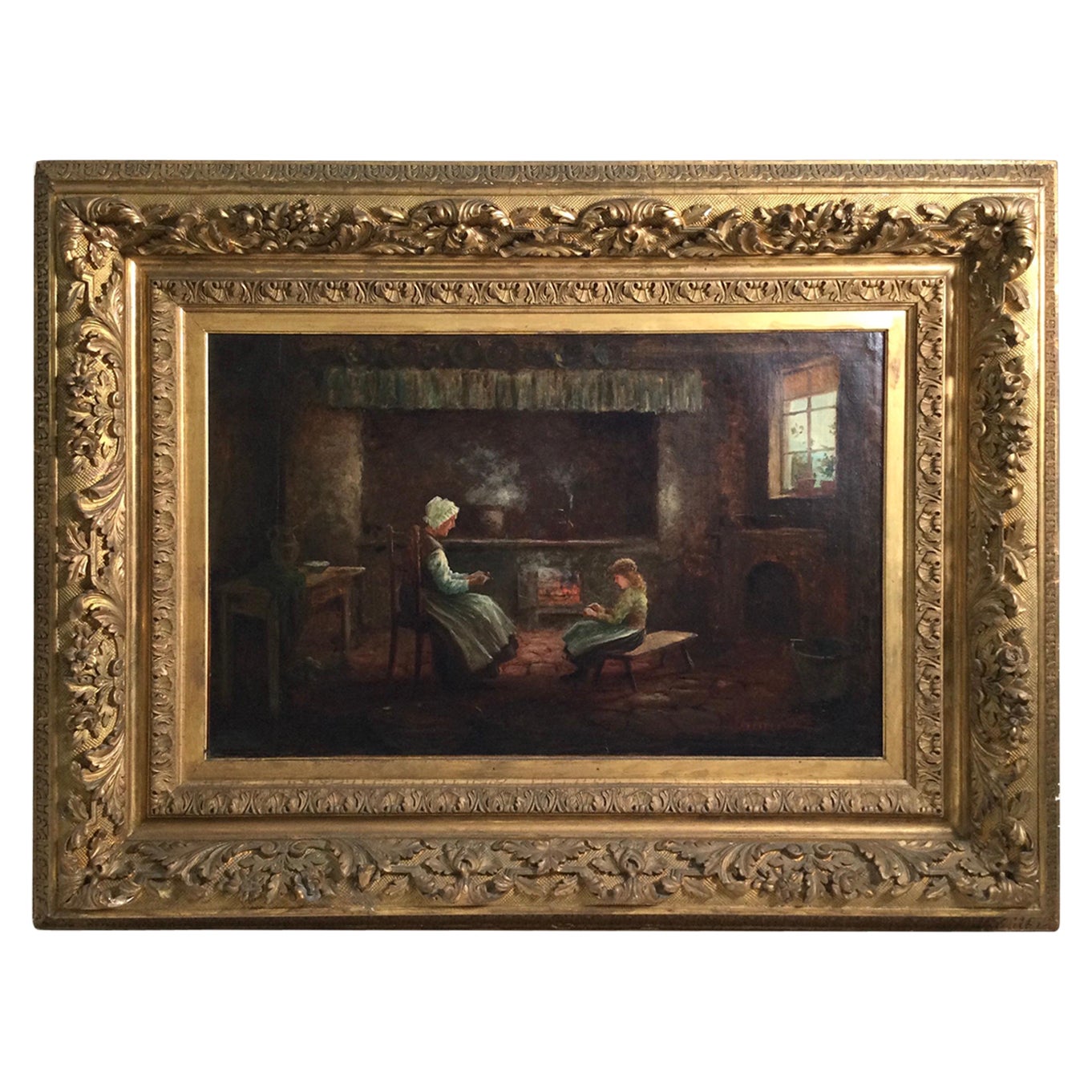 Grande huile sur toile - Scène d'intérieur dans un cadre doré d'origine signé Marteli en vente