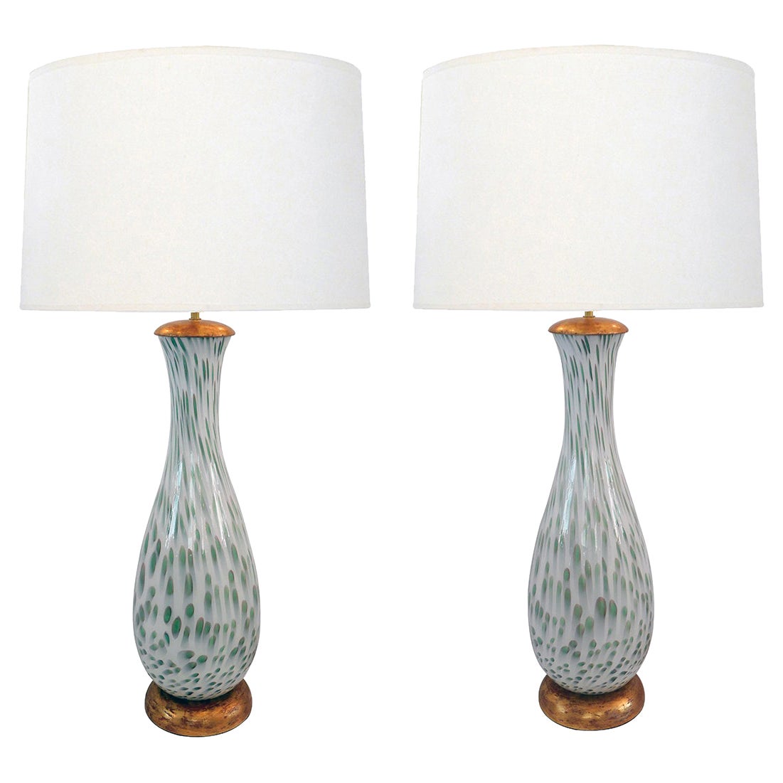 Large Pair of Murano 1960's White Bottle-Form Lamps with Celadon Inclusions