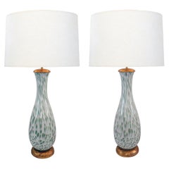 Large Pair of Murano 1960's White Bottle-Form Lamps with Celadon Inclusions
